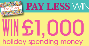 Win £1000 holiday spending money - white tribal print halter, pink neon bikini, purple/pink floral halter dress.
