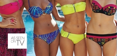 Pink neon zip bikini top, yellow neon bikini top and bottoms, tribal print halter neon bikini.