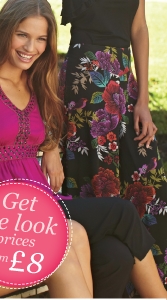 black maxi-dress floral border, magenta embellished tunic top, white cropped trousers, black ankle-wrap sandals. Black floral print mini-dress, magenta studded mini-dress, black asymmetric ruffle top and bold floral/eastern print skirt. 